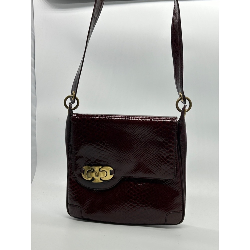 Vtg 70s Etienne AIGNER Cordovan Red Snake Embossed‎ Patent Leather Bag Handbag - Picture 3 of 12